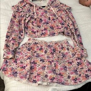 LoveShackFancy Knit Cropped Sweatshirt and Skirt Set in Waffle Floral Print